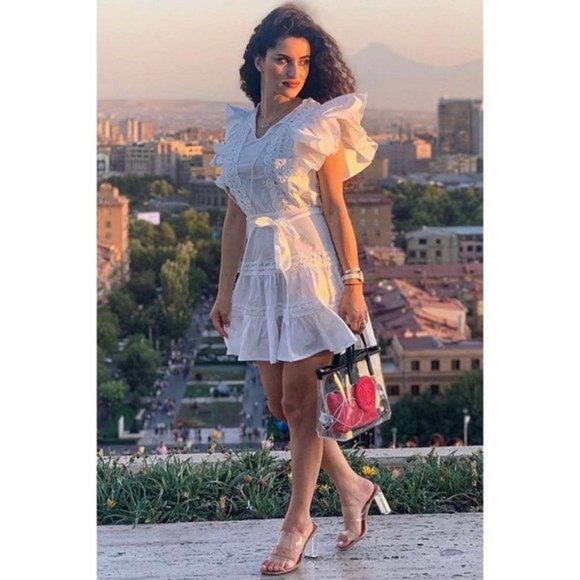 White Lace Trim Short Frill Sleeve V-Neck Tiered Mini Dress - Picture 15 of 16